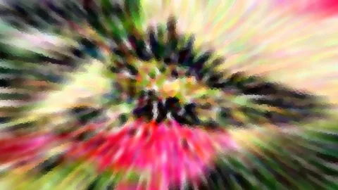 Abstraktes Bild mit radialem Zoomeffekt, Farben Pink, Grün und Gelb laufen von einer dunklen Mitte nach außen