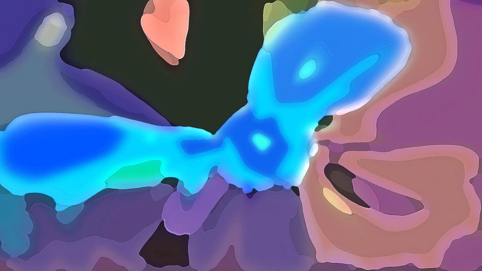 Abstrakte Komposition mit leuchtend blauen und türkisfarbenen Schlieren, umgeben von violetten, braunrosa und dunkelgrünen Flächen.
