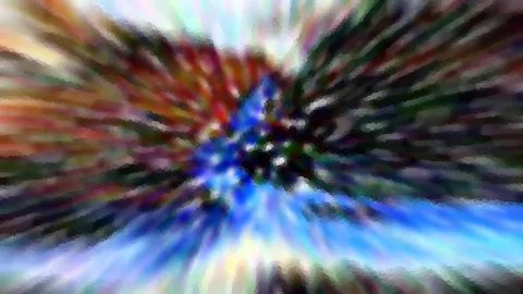 Abstrakte Komposition aus radial verlaufenden, bunten Schlieren mit einem blauen Zentrum in der Mitte.