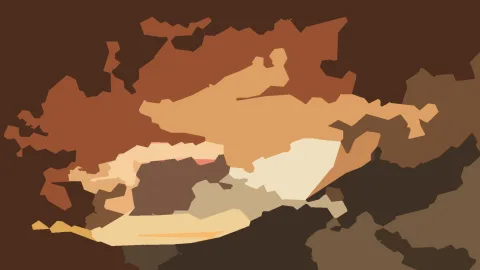 Abstrakte Komposition aus unregelmäßigen braunen, orangefarbenen und beigen Flächen auf dunklem Grund