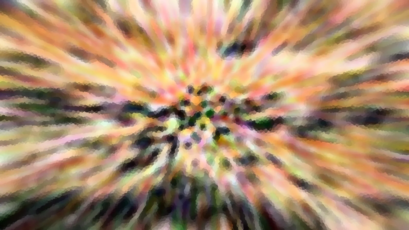 Abstrakte Komposition aus bunten, radial von einem dunklen Zentrum nach außen laufenden Farbschlieren, leicht mosaikartig körnig.