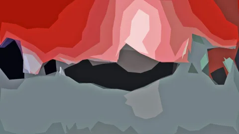 Abstrakte Komposition mit leuchtend roten und rosa Flächen im oberen Bereich, dunklen Formen in der Mitte und grauen Flächen im unteren Bereich.