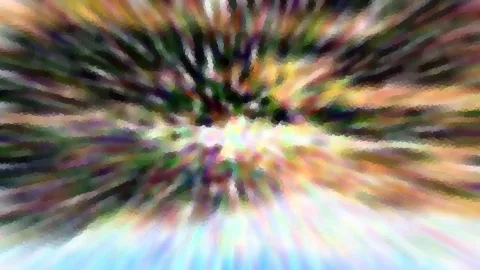 Abstrakte Komposition aus bunten Schlieren, die von einem hellen Zentrum radial nach außen laufen, unten in helles Blau übergehend.