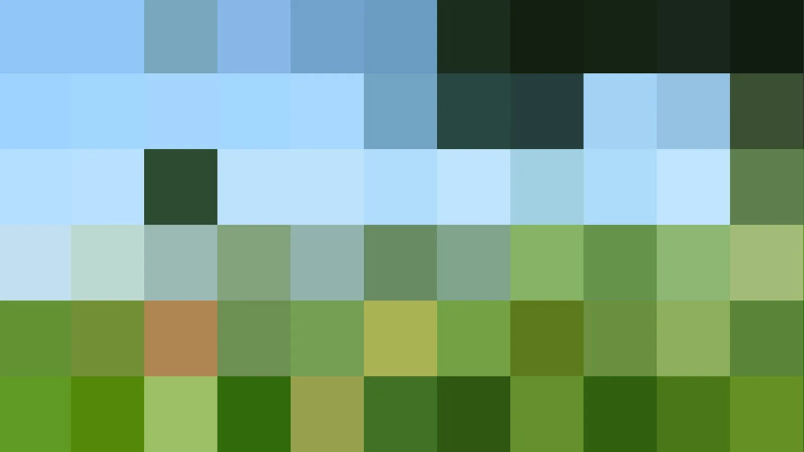 Mosaik aus quadratischen Pixeln: oben helles Blau, in der Mitte Grün- und Blautöne, unten Wiesengrün mit einzelnen braunen und gelben Feldern.