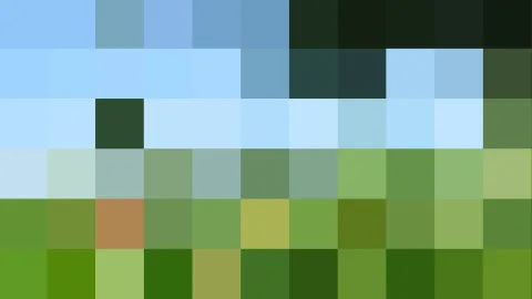 Mosaik aus quadratischen Pixeln: oben helles Blau, in der Mitte Grün- und Blautöne, unten Wiesengrün mit einzelnen braunen und gelben Feldern.