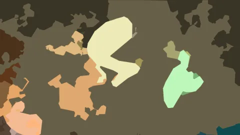 Abstrakte Komposition aus flächigen, unregelmäßig geformten Feldern in Creme, Ocker, Mintgrün, Braun und Dunkelolivgrün auf einem olivgrauen Hintergrund.