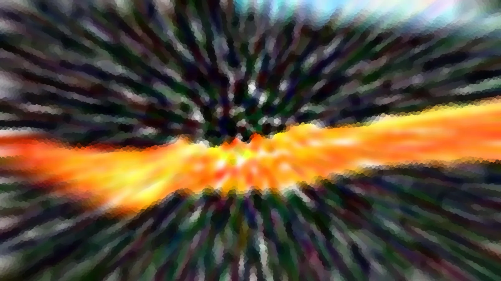 Abstrakte Komposition aus dunklen, radial verlaufenden Streifen mit einem leuchtend orangefarbenen horizontalen Band in der Mitte.