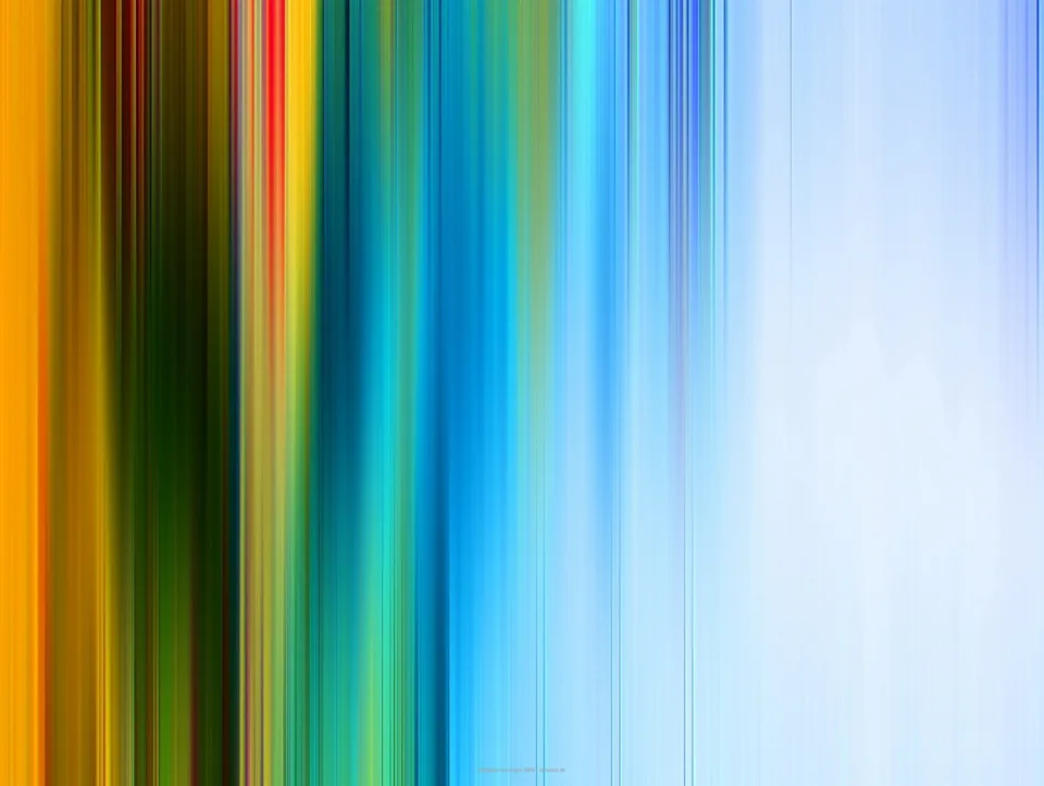 Abstraktes Bild aus vertikalen, unscharf verlaufenden Streifen von Orange über Grün und Türkis bis zu hellem Blau, rechts ausgeblichen zu Weiß.