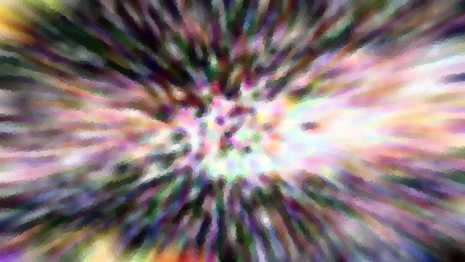 Abstrakte Komposition aus bunten, radial angeordneten Farbstreifen, die von einem hellen Zentrum nach außen laufen.