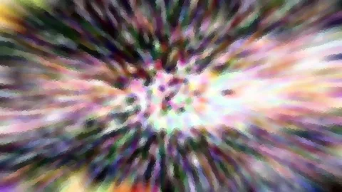 Abstrakte Komposition aus bunten, radial angeordneten Farbstreifen, die von einem hellen Zentrum nach außen laufen.