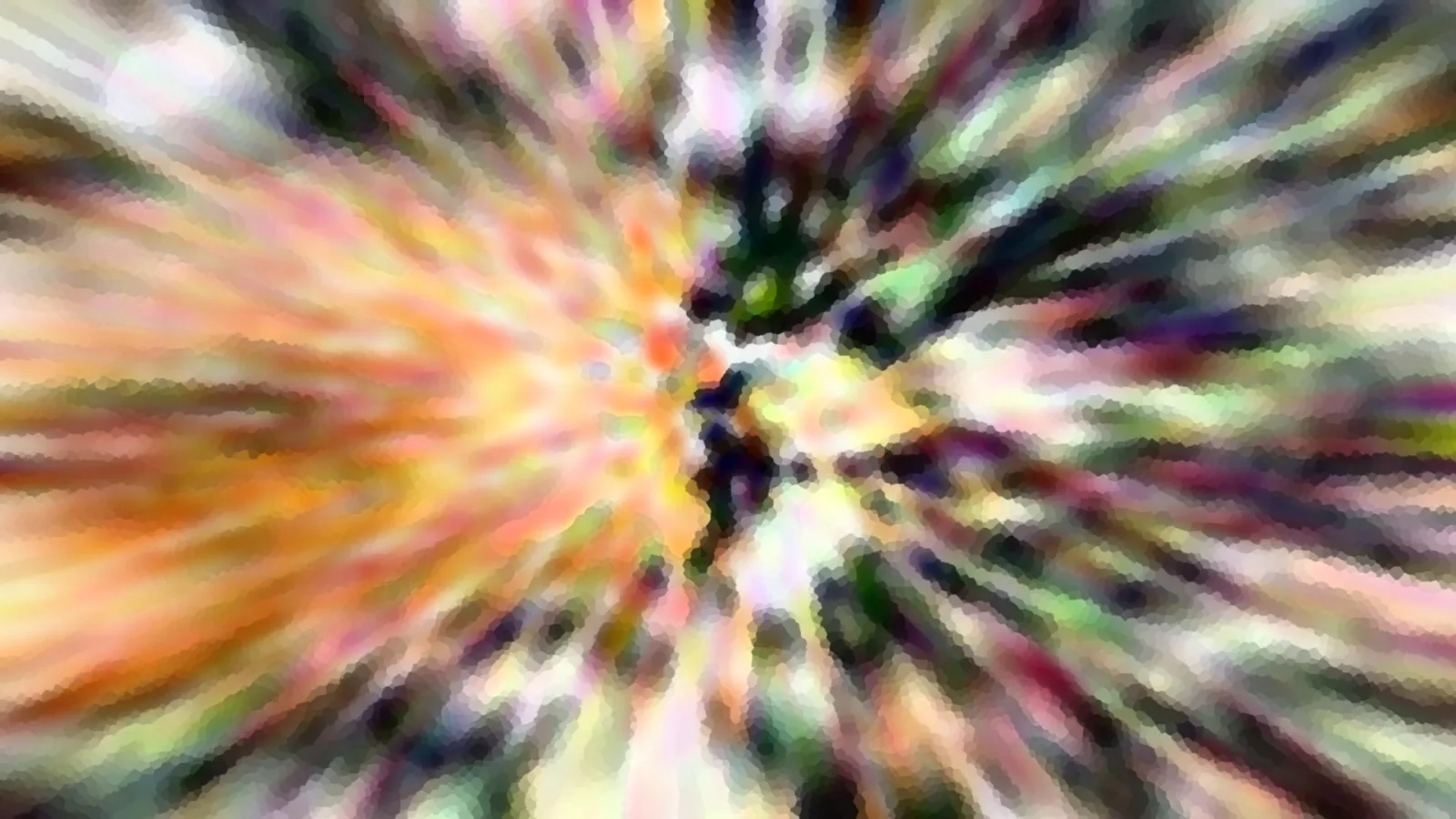 Abstraktes Bild mit radial von der Mitte ausgehenden farbigen Streifen in Orange, Gelb, Grün und Violett, mosaikartig verpixelt.