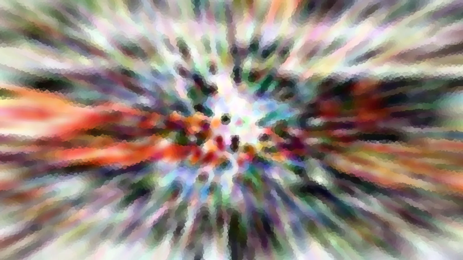 Abstrakte Komposition aus bunten Farbstrahlen, die von einem hellen Zentrum nach außen laufen, mit mosaikartiger Pixelstruktur.