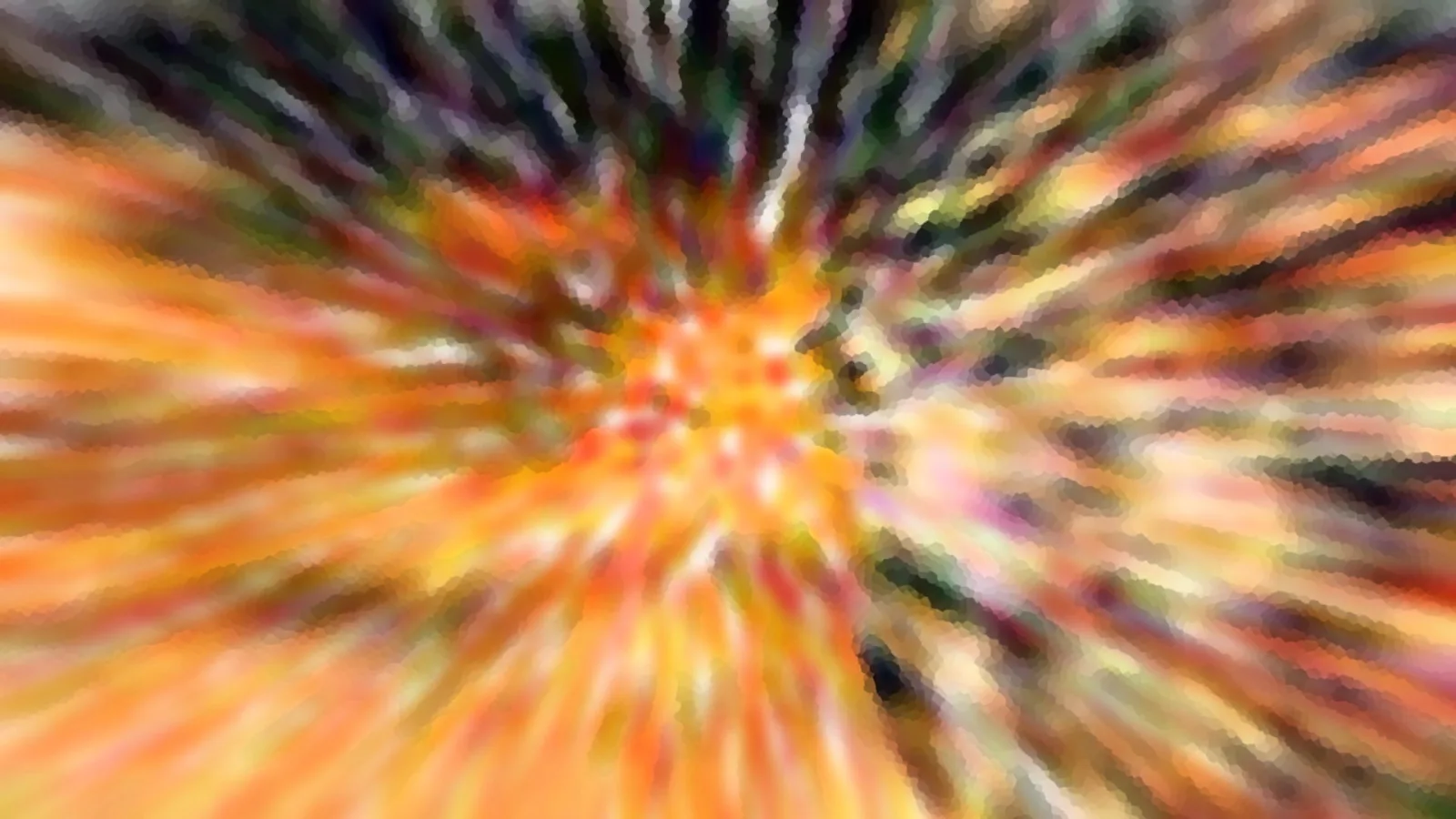 Abstrakte Komposition aus orangen, gelben und dunklen Streifen, die von der Bildmitte radial nach außen laufen.