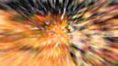 Abstrakte Komposition aus orangen, gelben und dunklen Streifen, die von der Bildmitte radial nach außen laufen.