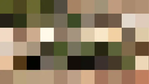 Raster aus farbigen Quadraten in Oliv, Beige, Braun, Grau und Schwarz.