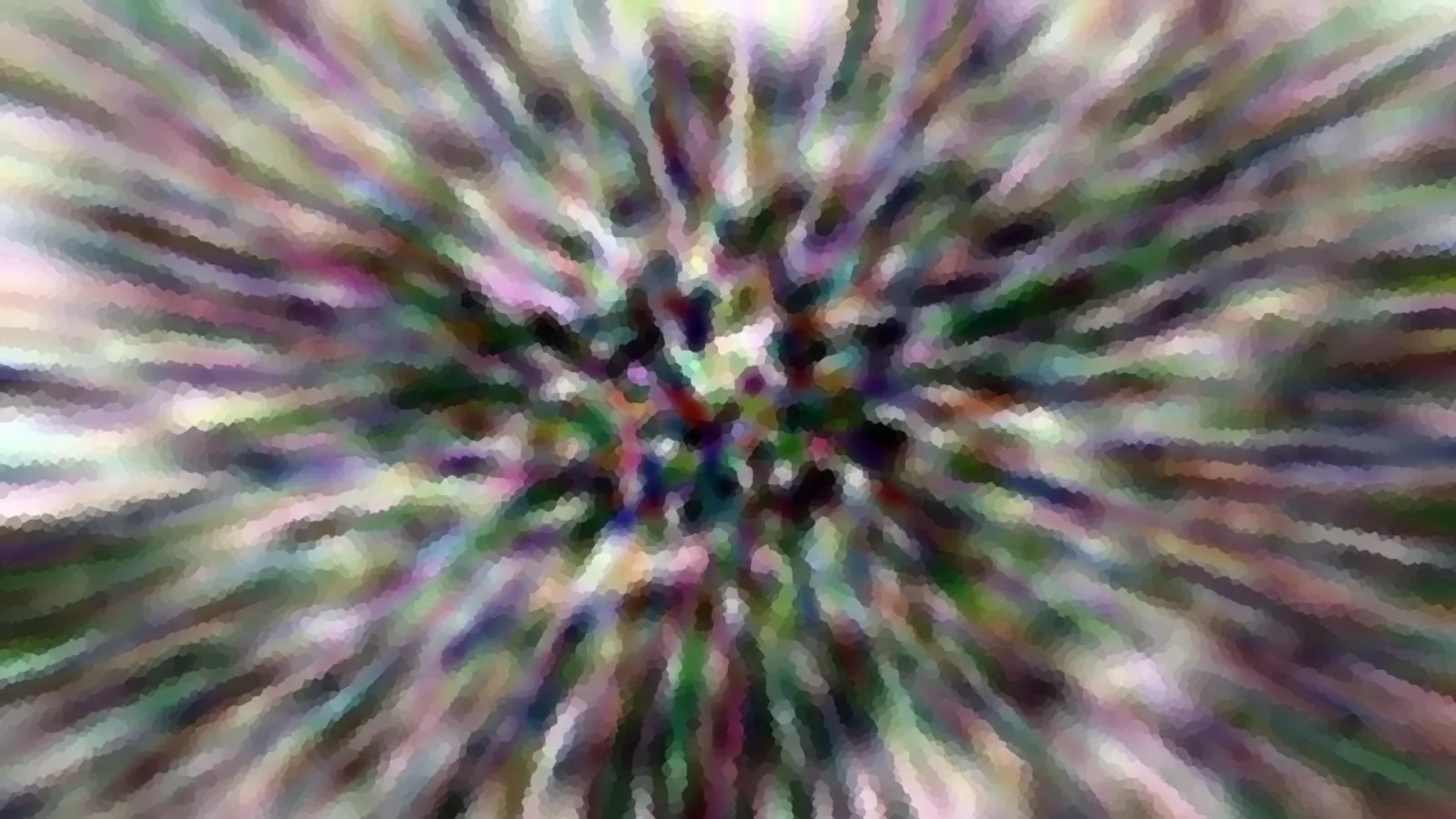 Abstraktes Bild mit bunten, radial von der Mitte nach außen laufenden Schlieren in Pink, Grün und Violett, mosaikartig verpixelt.