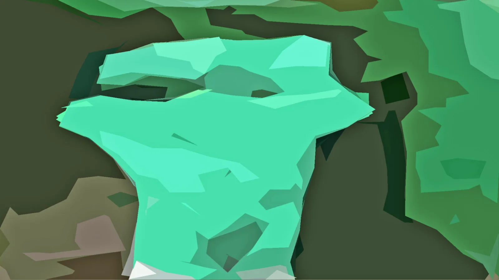 Abstrakte, mintgrüne Low-Poly-Form vor einem dunkel grünen Hintergrund mit helleren Grünflächen.