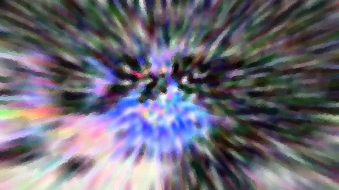 Abstrakte Komposition aus radial verlaufenden, bunten Streifen mit leuchtend blauem Zentrum.