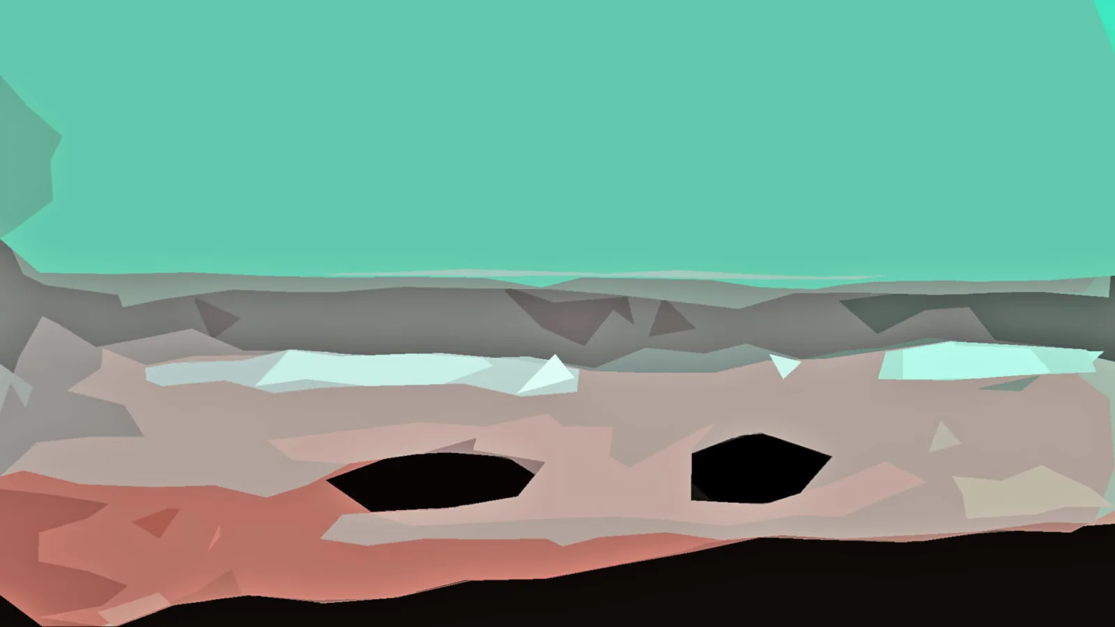 Abstrakte Low-Poly-Landschaft mit türkisfarbenem Himmel, grau-rosa Hügeln und zwei schwarzen Löchern im Vordergrund
