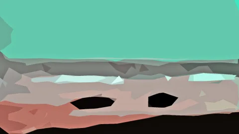 Abstrakte Low-Poly-Landschaft mit türkisfarbenem Himmel, grau-rosa Hügeln und zwei schwarzen Löchern im Vordergrund
