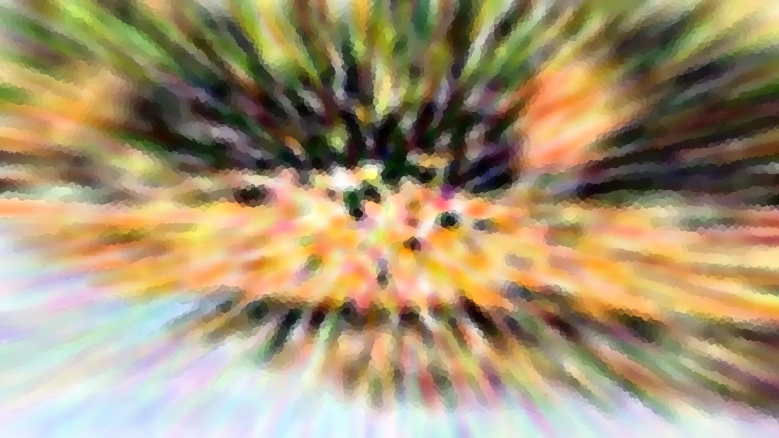 Abstraktes Bild aus radial verwischten, bunten Farbflächen in Orange, Grün und Violett, unten links ein heller bläulicher Bereich.