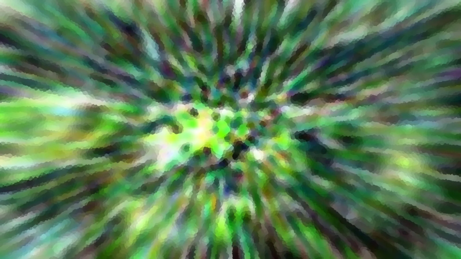 Abstrakte Komposition aus grünen, weißen und dunklen Farbstreifen, die von einem zentralen Punkt radial nach außen strahlen.