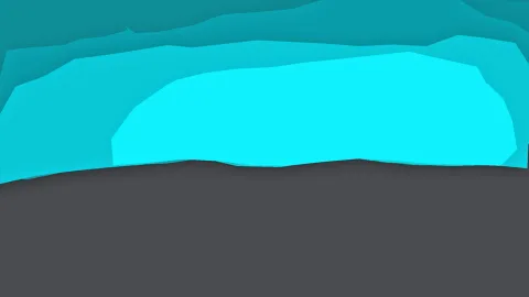 Abstrakte Komposition aus mehreren türkisfarbenen Flächen, die übereinander liegen, vor einem dunkelgrauen Untergrund.