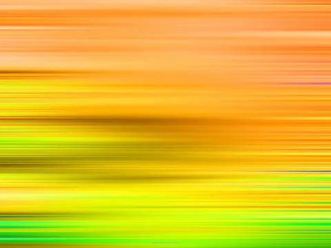 Abstrakte Komposition aus waagerechten, verwischten Streifen in Orange, Gelb und Grün, dunklere Bänder in der Mitte und unten.