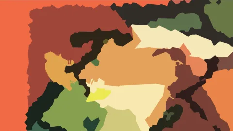 Abstraktes Bild aus flachen, unregelmäßig geformten Farbflächen in Orange, Dunkelbraun, Creme, Olivgrün und Gelb.