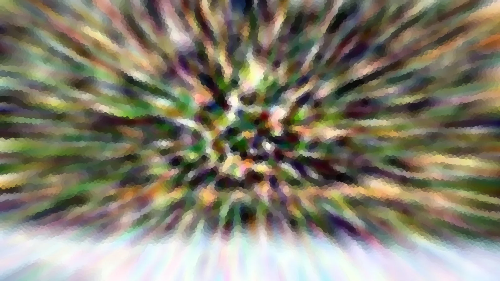 Abstraktes Bild mit radial verwischten Farbstrahlen in Grün, Lila, Weiß und Orange, die von einem hellen Zentrum nach außen laufen, mit mosaikartiger Pixelstruktur.