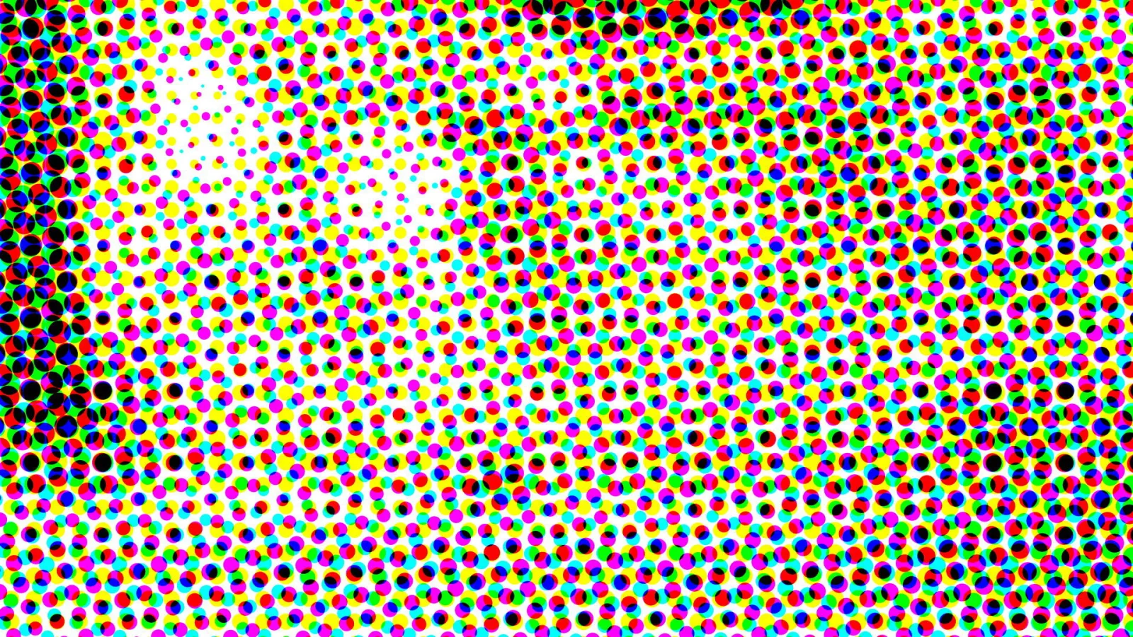 Dichtes Raster aus bunten Punkten in Cyan, Magenta, Gelb und Schwarz auf weißem Grund, am linken Rand dunkler und dichter.