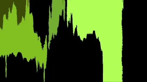 Abstrakte Komposition aus schwarzen, spitzen Formen vor leuchtend limettengrünem und dunkelgrünem Hintergrund, die an eine Kathedralensilhouette erinnern.