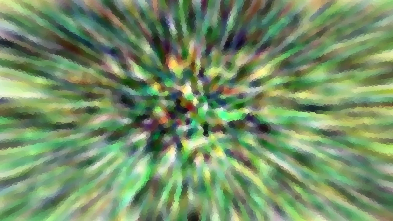 Abstrakte, radial verwischte Farbstreifen in Grün, Gelb und Violett, die vom Zentrum nach außen laufen.