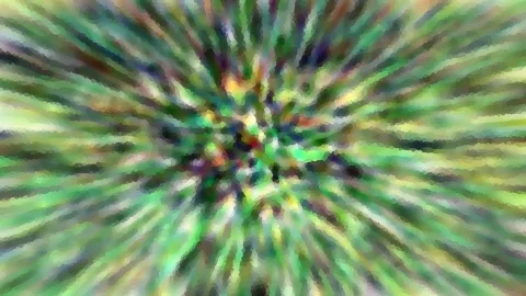 Abstrakte, radial verwischte Farbstreifen in Grün, Gelb und Violett, die vom Zentrum nach außen laufen.