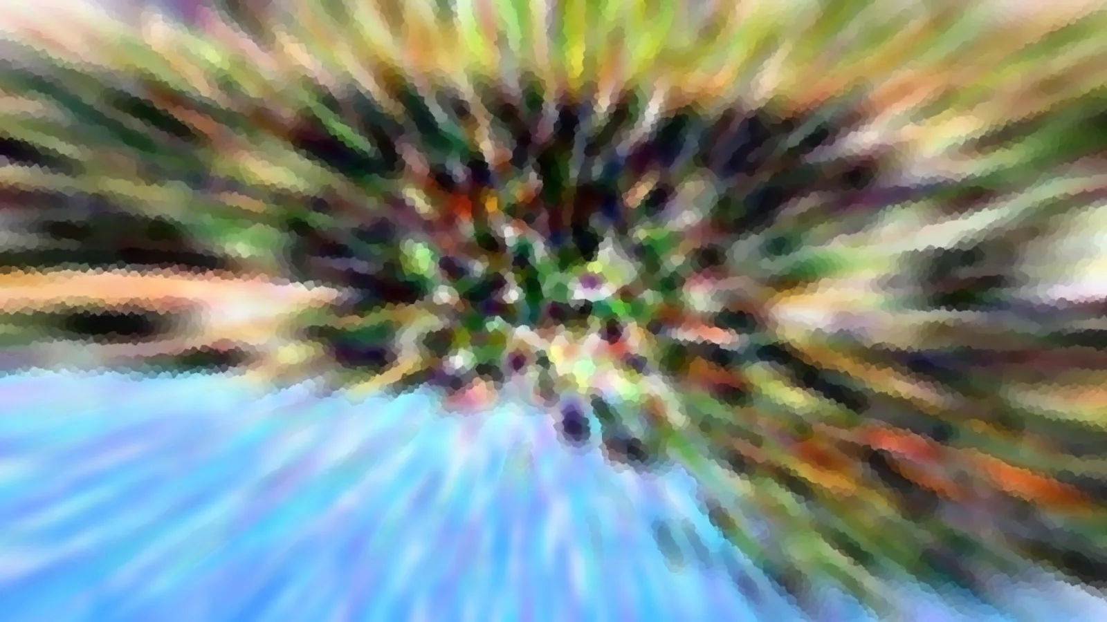 Abstrakte Komposition aus radial verwischten grünen, braunen und blauen Farbstreifen mit mosaikartiger Pixelung