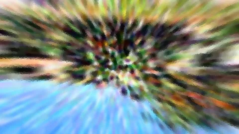 Abstrakte Komposition aus radial verwischten grünen, braunen und blauen Farbstreifen mit mosaikartiger Pixelung