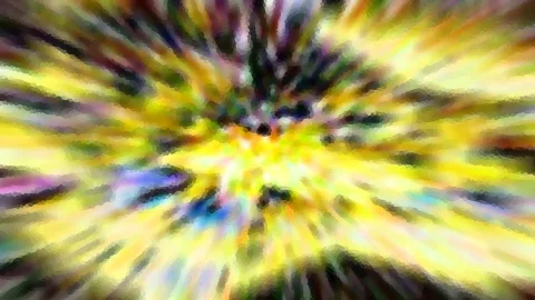 Abstraktes Bild mit radial von der Mitte ausstrahlenden gelben, grünen und dunklen Streifen, aus kleinen Farbpixeln aufgebaut.
