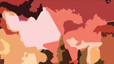 Abstraktes Bild aus unregelmäßigen Flächen in Rot, Rosa, Orange und Braun, links eine große helle rosa Fläche.
