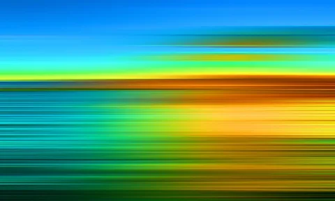 Abstrakte horizontale Bewegungsunschärfe mit Streifen in Blau, Türkis, Gelb, Orange und Grün, oben heller Himmel, unten dichtes Streifenmuster.