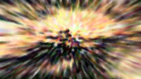 Abstrakte Aufnahme mit radialer Bewegungsunschärfe in Gelb, Orange und Grün, im Zentrum ein dunkles, verschwommenes Motiv.