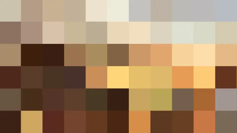 Mosaik aus quadratischen Farbfeldern in Beige, Braun, Ocker und Grau.