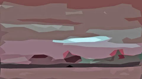 Abstrakte Komposition aus rosa, braunen und mintfarbenen Flächen mit einer hellen türkisfarbenen Bahn in der Mitte.