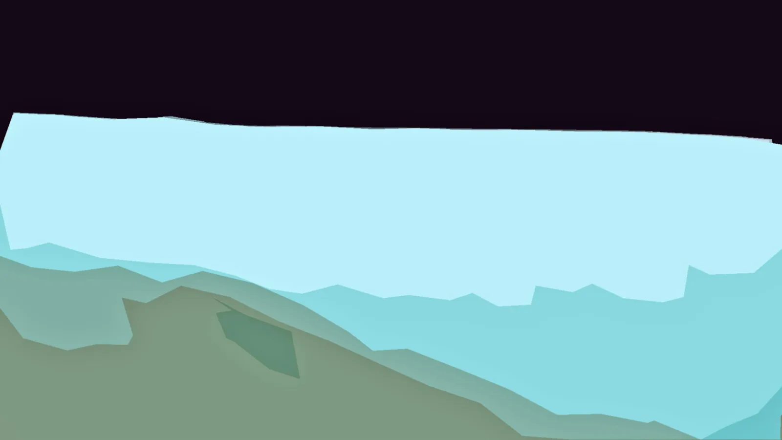 Abstrakte Landschaft aus flachen, übereinanderliegenden Formen in Hellblau, Türkis und Olivgrün unter einem dunklen Rand am oberen Bildrand.