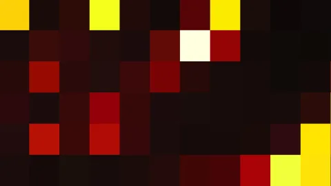 Mosaik aus quadratischen Farbfeldern in Dunkelrot, Schwarz und leuchtendem Gelb, verteilt über ein grobes Raster.