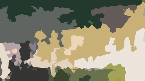 Abstrakte Komposition aus unregelmäßigen Farbflächen in Dunkelgrün, Grau, Gold, Creme und Oliv