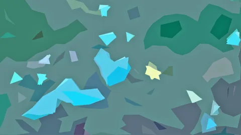 Abstrakte Komposition aus flachen, überlappenden Formen in Türkis, Blau, Grün und Gelb auf grau-grünem Grund.