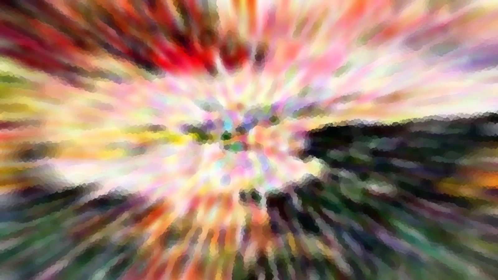 Abstrakte Komposition mit radialem Zoomeffekt in Rot, Gelb, Grün und Lila, im Zentrum hell, rechts ein dunkler Horizont.