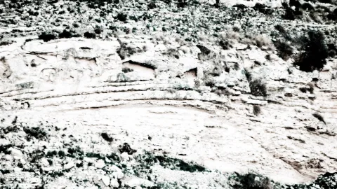 Helle, geschichtete Felswand mit horizontalen Gesteinsbänken und Höhlennischen, darüber und davor spärlicher Buschbewuchs.