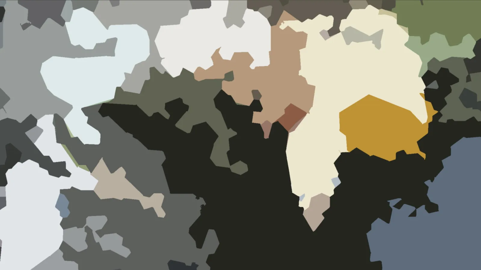 Abstrakte Komposition aus unregelmäßigen grauen, cremefarbenen, ockerfarbenen und dunklen Farbflächen.