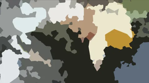 Abstrakte Komposition aus unregelmäßigen grauen, cremefarbenen, ockerfarbenen und dunklen Farbflächen.